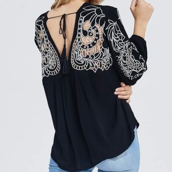 Velzera Tops - Embroidered V-Neck Top with Tie Tassles